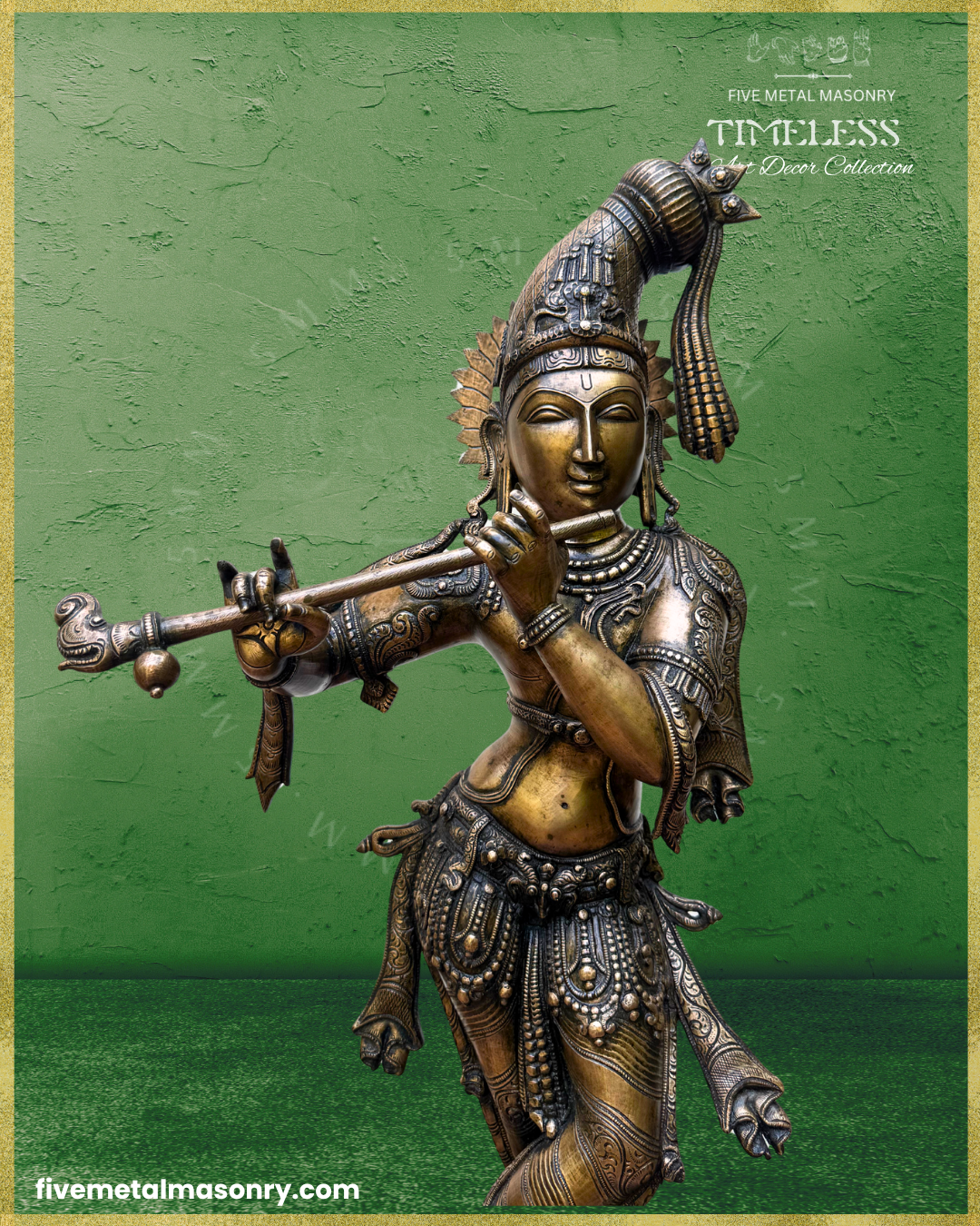 Close-up of handcrafted Panchaloha bronze Venugopala Krishna from Five Metal Masonry’s Timeless Collection, highlighting the venu with ornamental scroll finial and pendant detail, elongated kesa-bandha adorned with floral motifs, peacock feathers and tassel, siras-chakra, Vaishnava tilaka, layered ornaments, detailed katibandha and Silpasastra-inspired iconography.