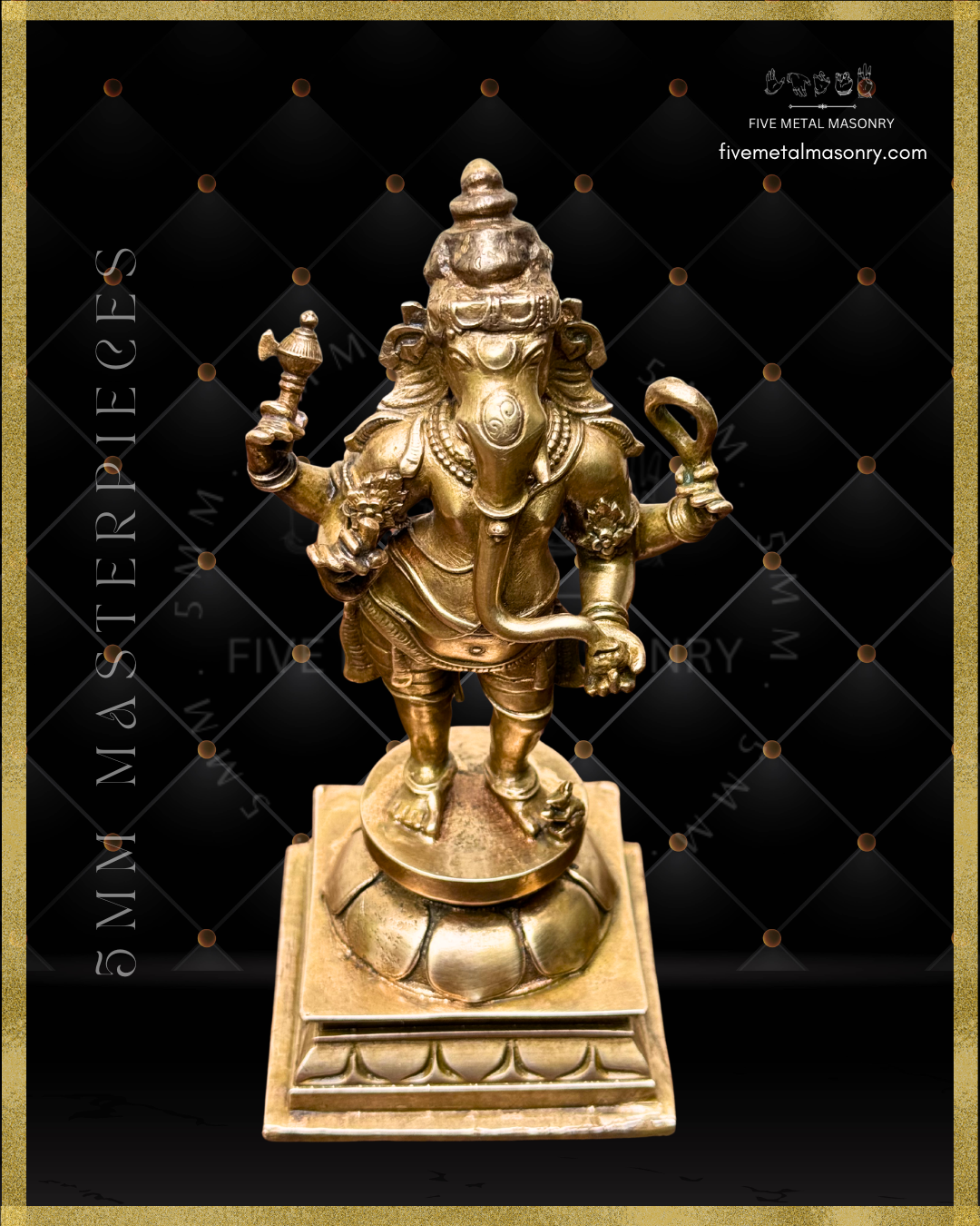 Top angle view of standing Ganesha panchaloha bronze icon holding goad and noose, with elongated trunk, karanda makuta, lotus pedestal and mouse vahana from the Masterpieces collection.