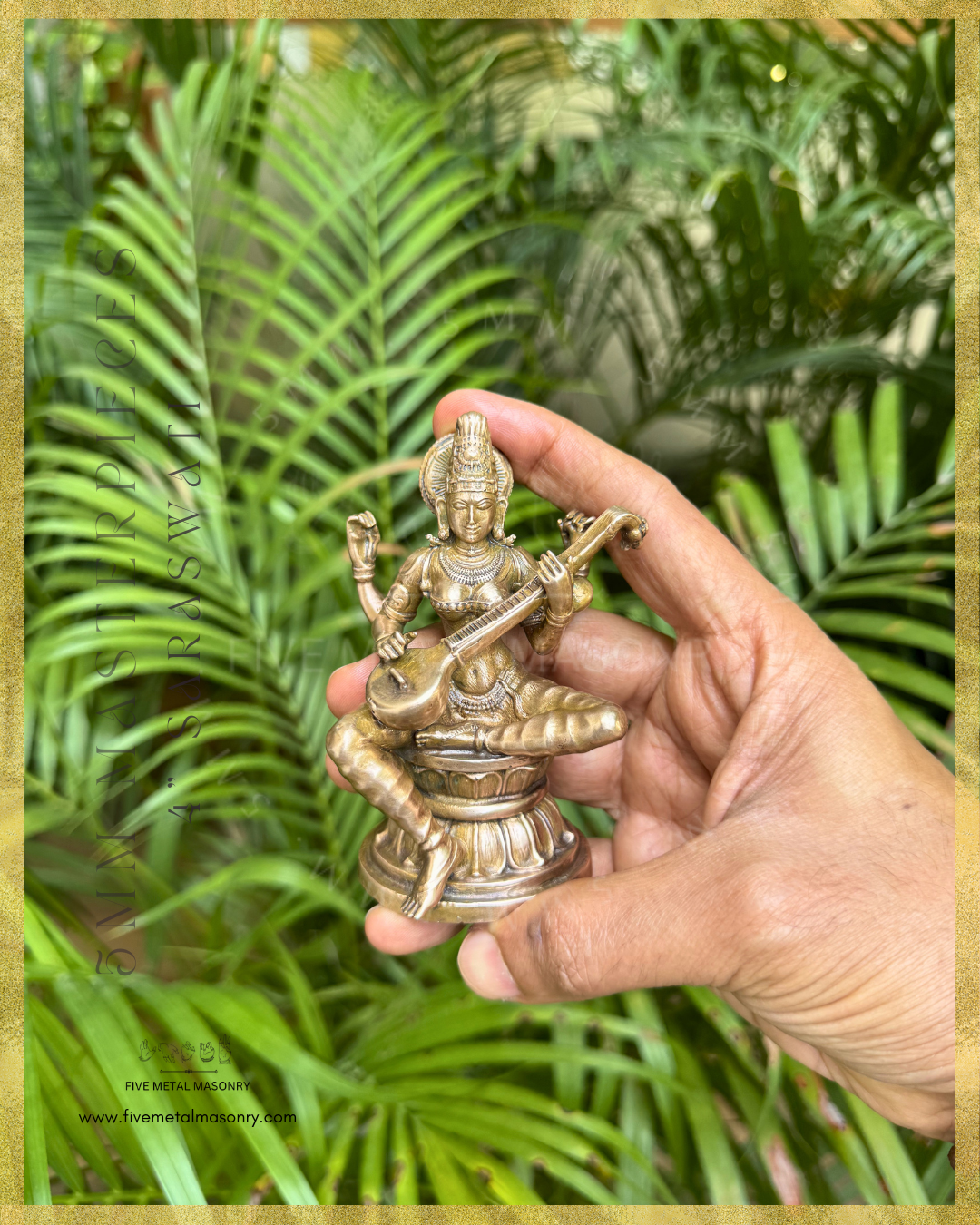 Handheld panchaloha bronze seated Saraswati icon from the Masterpieces collection, four armed and holding the veena across the torso in the lower hands, with upper hands holding aksamala and kamandalu, featuring jata makuta, siraschakra, layered ornamentation and lotus pedestal in South Indian iconographic style.