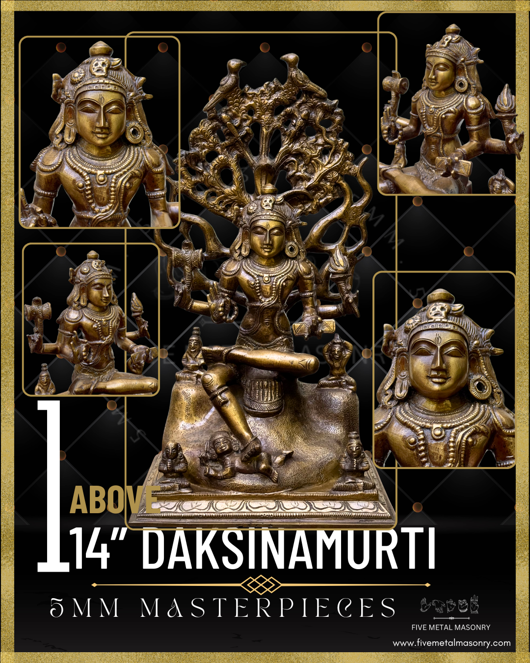 Handcrafted Panchaloha bronze Dakshinamurti statue, crafted according to Shilpasastra principles, featuring traditional South Indian iconography of Shiva as the divine teacher seated beneath the banyan tree.