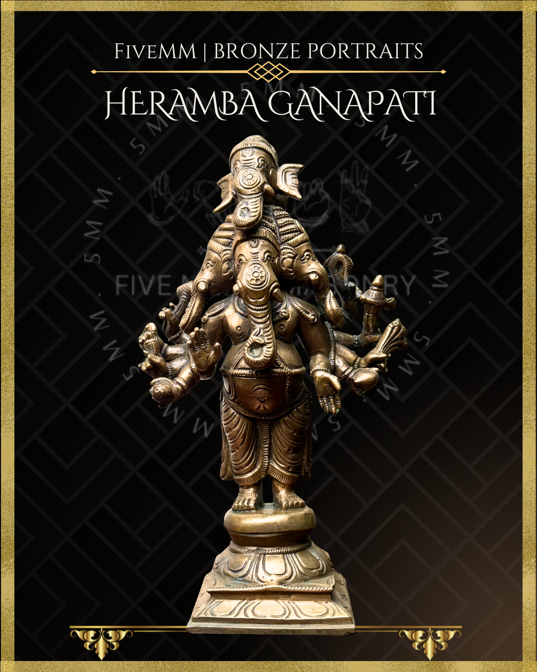 Heramba Ganapati Panchaloha Bronze statue – per Shilpa Sastra iconography, handcrafted by lost wax casting – projected view