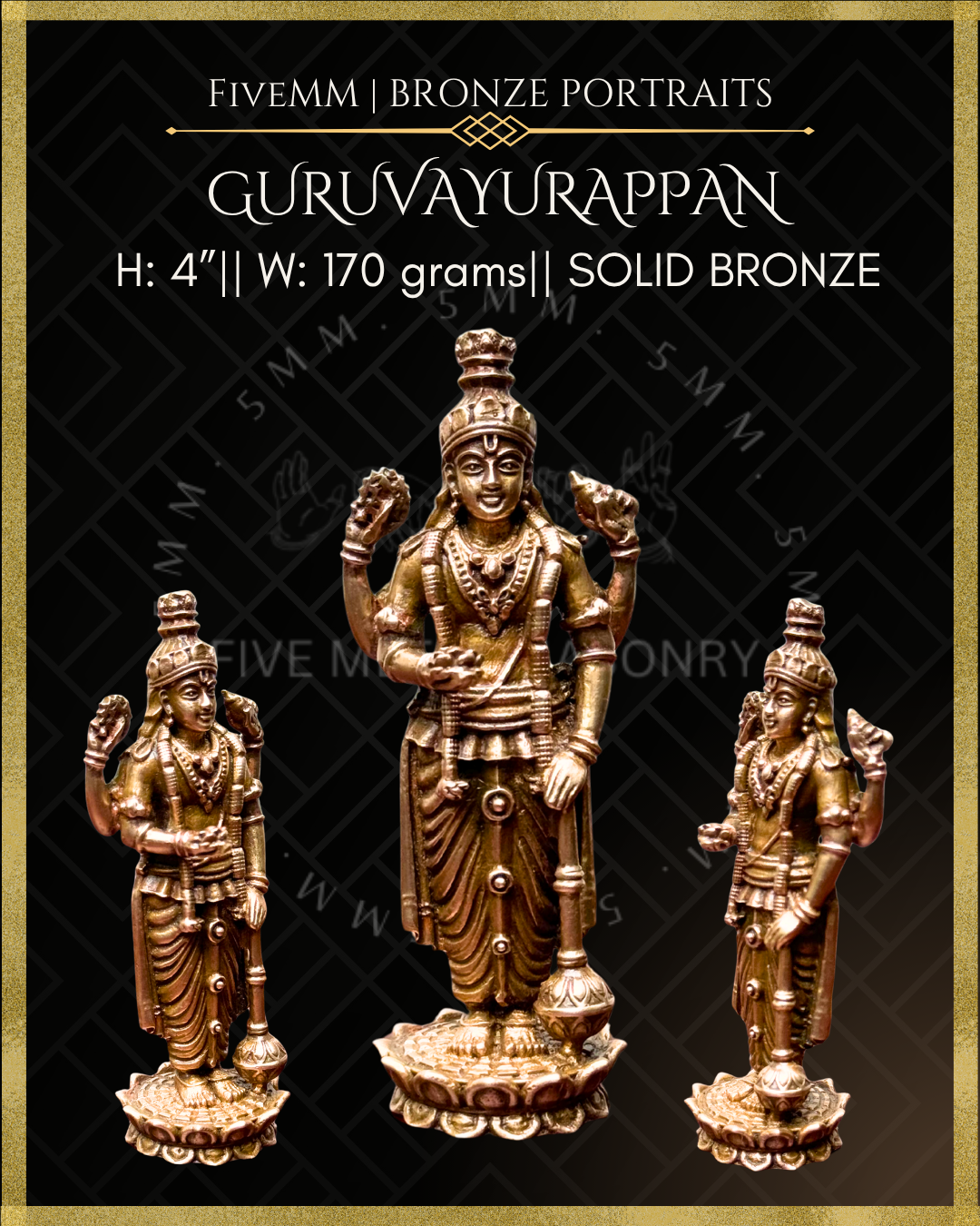 Panchaloha Bronze statue of Guruvayurappan with 'FiveMM' branding and product details on a black background 