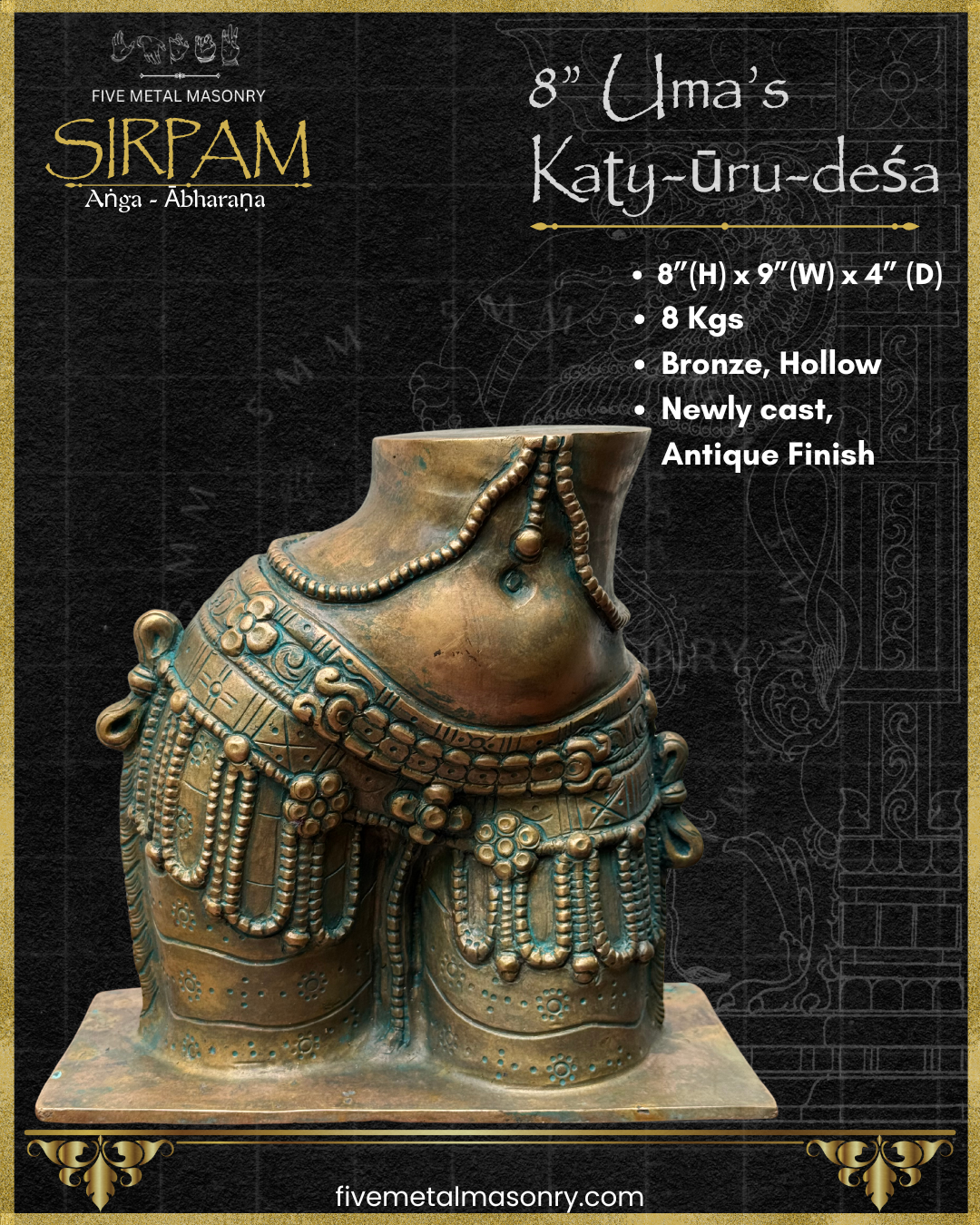 Uma/Parvati’s Torso Bronze sculpture – Sirpam Collection - Iconography per Shilpa Sastra, Handcrafted lost wax casting – Dimensions