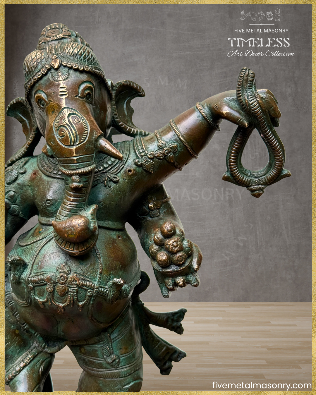 Close-up of a handcrafted Panchaloha bronze Nritta Ganesha from the TIMELESS Collection, highlighting the Karanda Makuta, elephant face, noose, modaka bowl, ornate waist ornament, and antique patina finish.