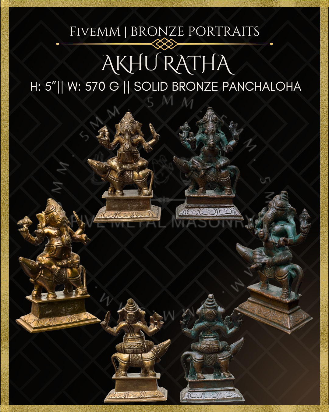 Ganesha on Mushaka (mouse) Panchaloha Bronze statue – per Shilpa Sastra iconography, handcrafted by lost wax casting – All angles view