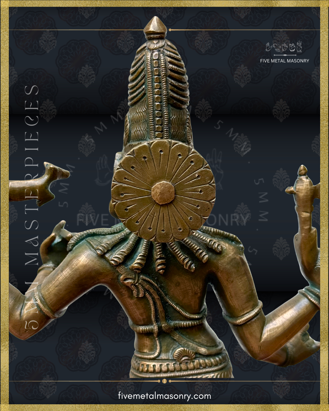 Rear close-up of Vinadhara Shiva handcrafted Panchaloha bronze sculpture featuring an elaborate jata makuta, circular sirascakra, cascading jata locks, yajñopavita across the back, and finely detailed waist ornaments, from the Masterpieces collection inspired by South Indian Chola iconographic traditions.