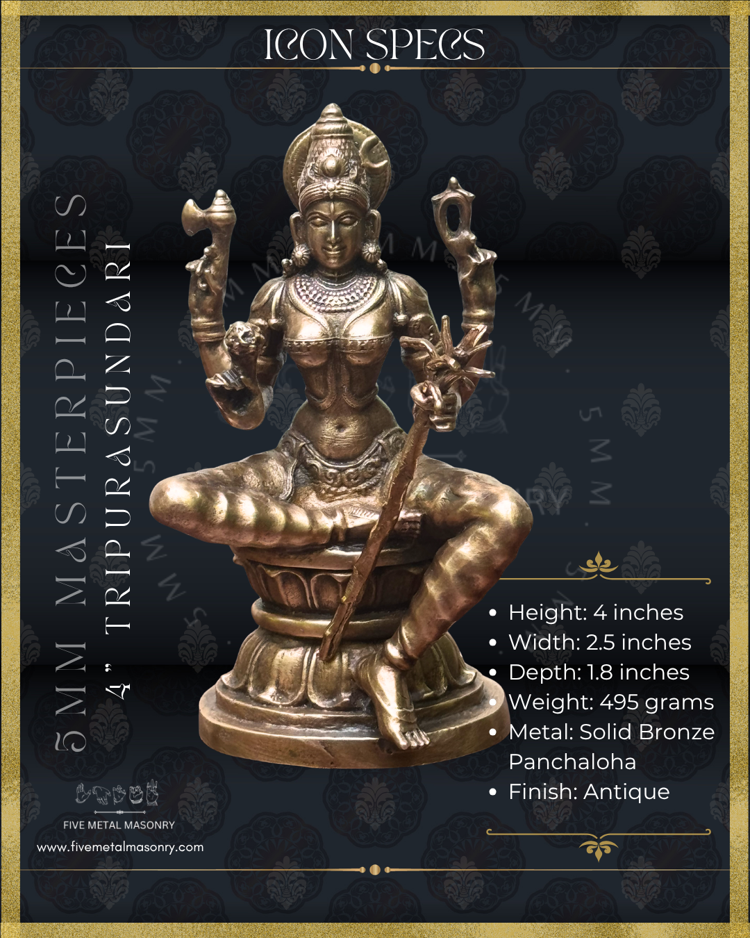 Product dimension of panchaloha bronze seated Lalitha Tripurasundari icon from the Masterpieces collection, four armed, holding sugarcane bow, flower arrows, noose and goad, featuring kirita makuta with crescent moon and siraschakra, layered ornamentation and lotus pedestal in South Indian iconographic style.