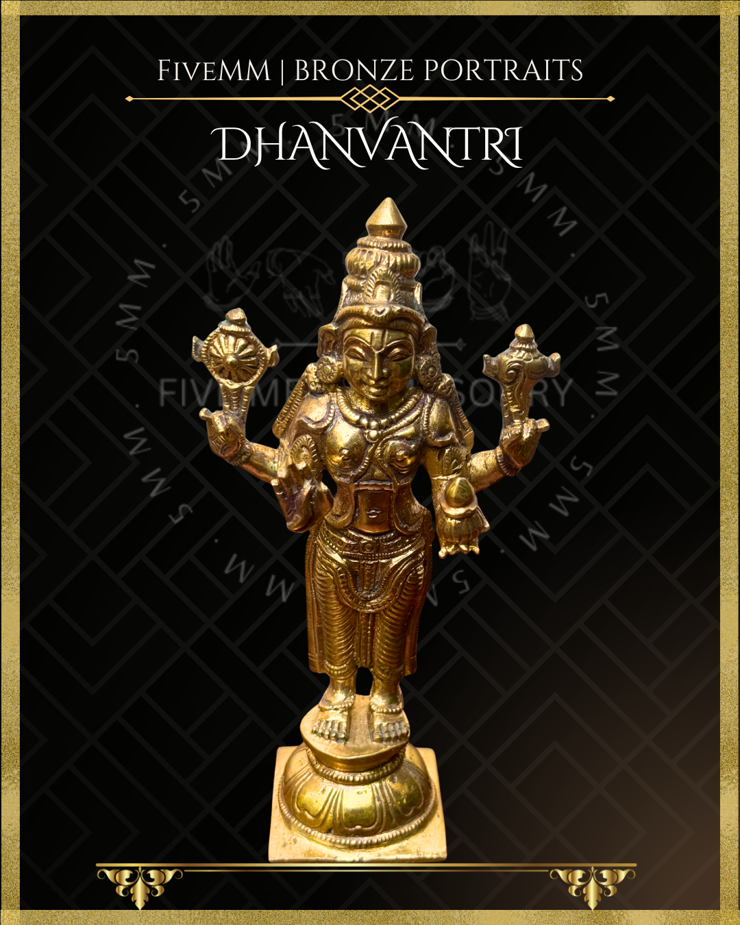 Top angle view of Handcrafted Dhanvantari Panchaloha bronze statue in standing samabhanga posture, with four arms holding chakra, sankha, jalauka and amrta-kalasa, detailed kiritamakuta, traditional ornaments and padma pitha, crafted in the silpa-sastra and traditional iconographic tradition.