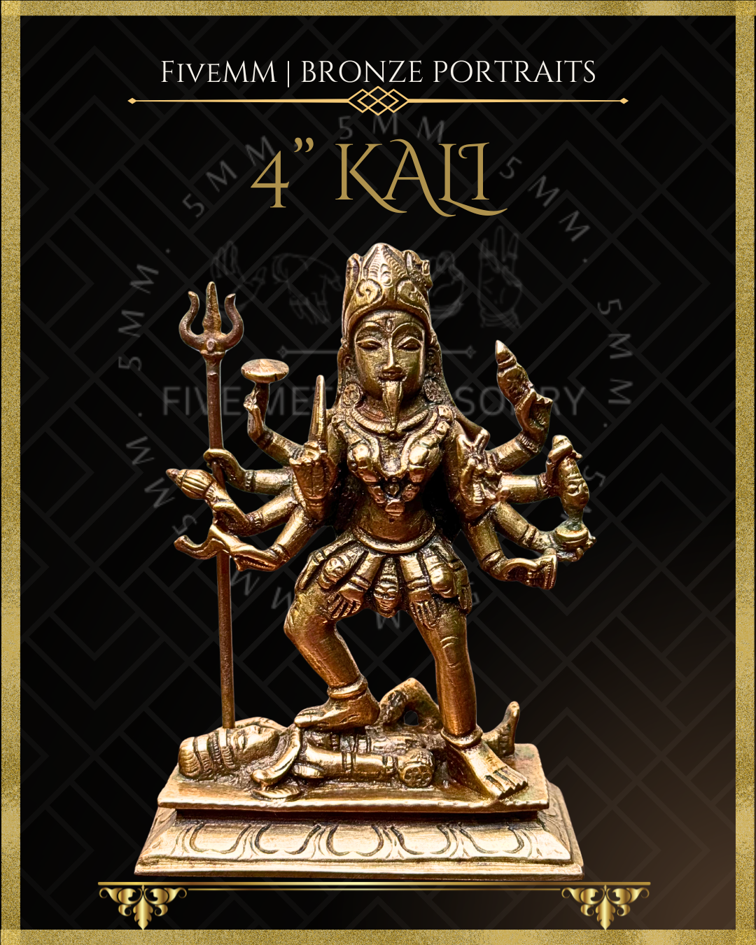 Handcrafted Kali Panchaloha bronze statue in pratyalidha stance over prostrate Shiva, with ten arms holding traditional ayudhas, fierce expression, extended tongue, mundamala and detailed ornamentation, crafted in the silpa-sastra and traditional iconographic tradition.