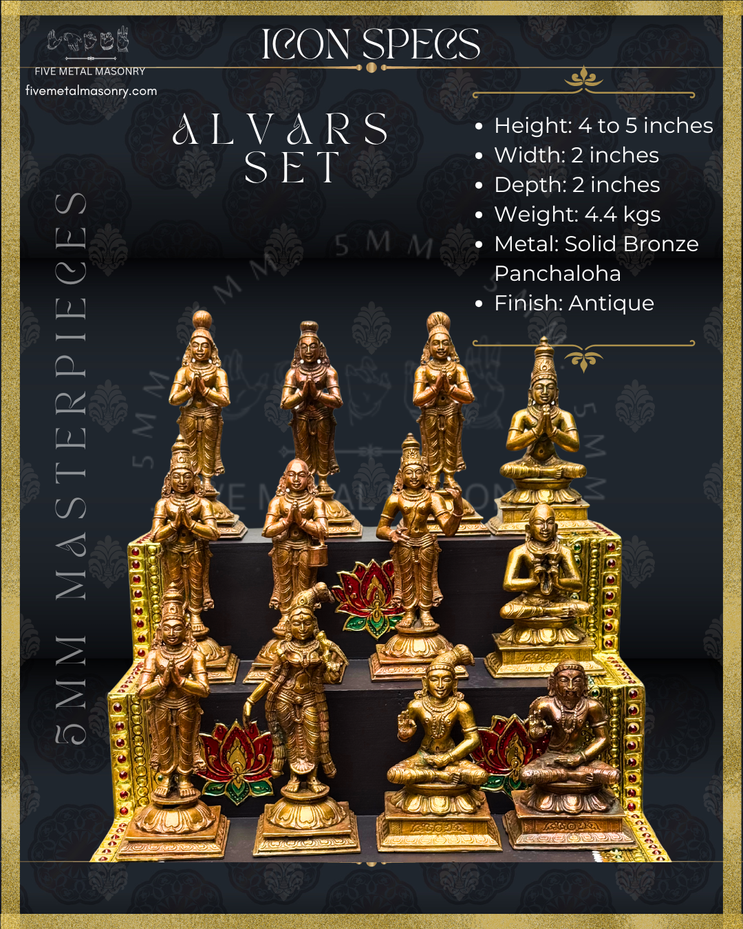 12 Alvars panchaloha bronze icon set from the 5MM Masterpieces collection, arranged on a tiered platform with icon specifications including dimensions, weight, metal composition, and antique finish.
