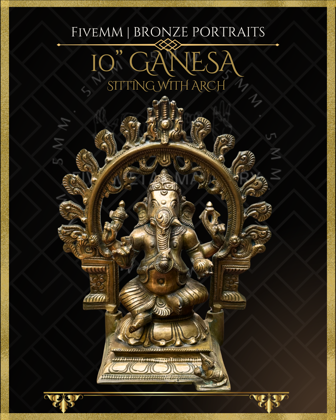 Bronze statue of Ganesha sitting with an arch on a black background with gold accents.