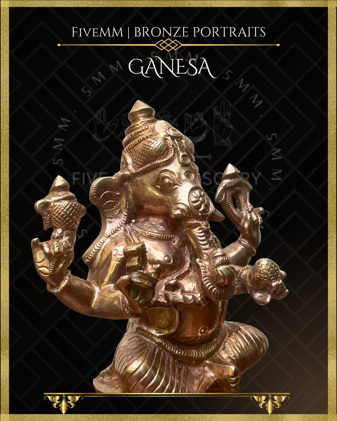 Closeup right side of view of handcrafted Panchaloha bronze Ganesha, silpa-sastra aligned and rooted in the South Indian iconographic tradition, four-armed and seated in lalitasana, holding ankusa, pasa, danta and modaka