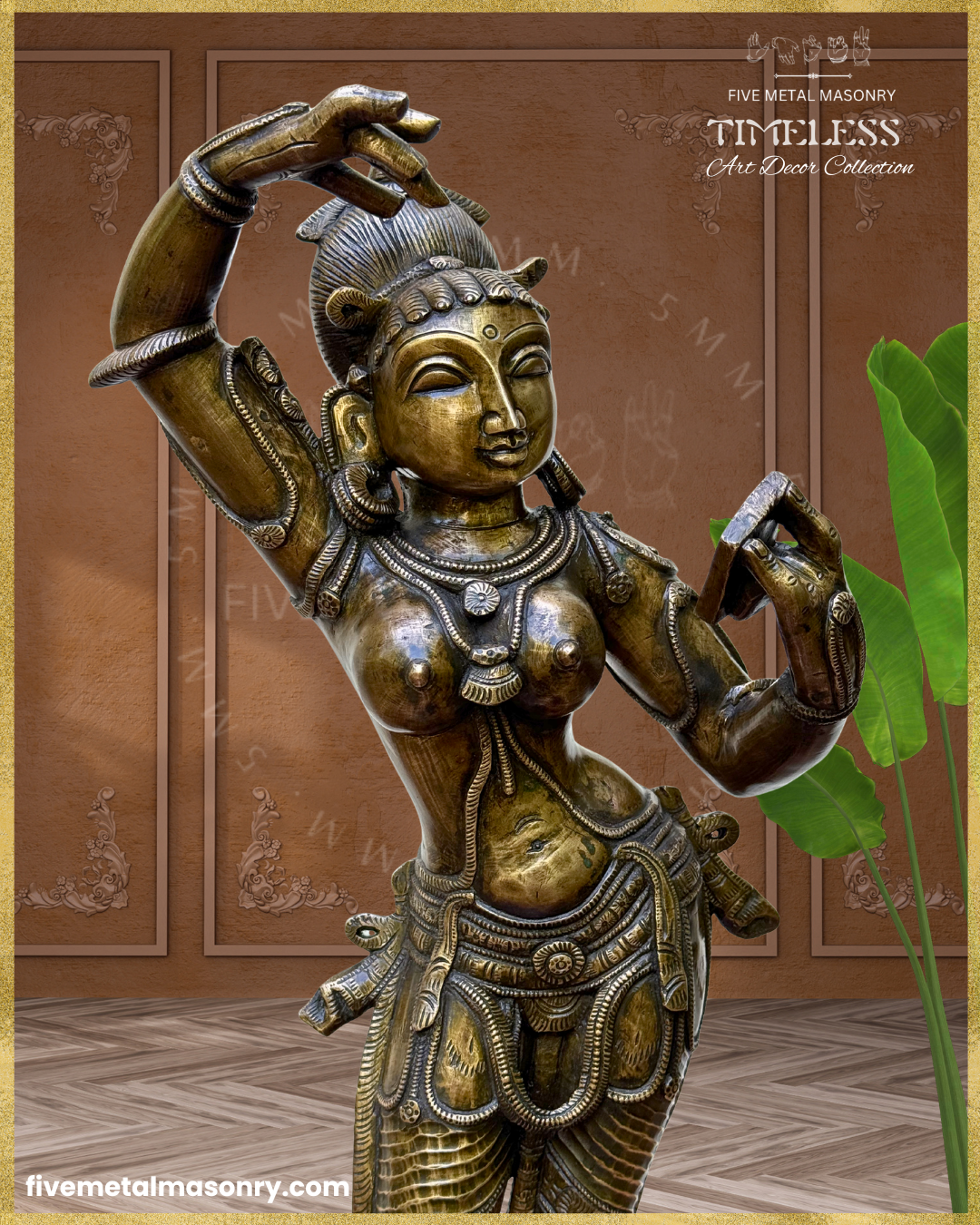 Close-up of a handcrafted Panchaloha bronze Darpana Sundari icon from the Timeless Collection, featuring a graceful tribhanga posture, serene facial expression, mirror in hand, layered necklaces, ornate waist ornaments, intricately pleated lower garment, and rich antique patina.
