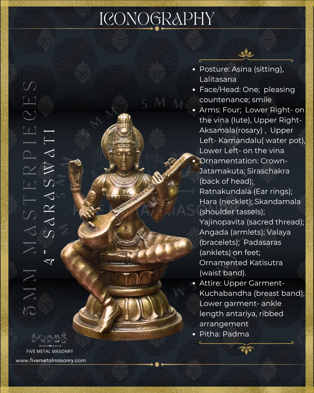 Iconographic description of panchaloha bronze seated Saraswati icon from the Masterpieces collection, four armed and holding the veena across the torso in the lower hands, with upper hands holding aksamala and kamandalu, featuring jata makuta, siraschakra, layered ornamentation and lotus pedestal in South Indian iconographic style.