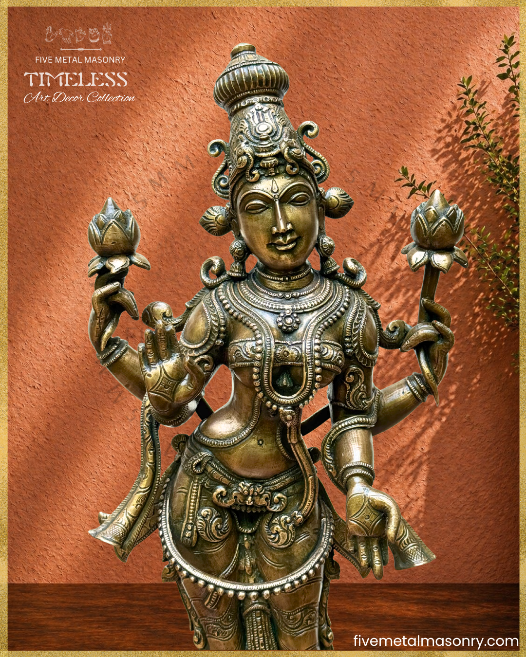 Front closeup view of panchaloha Bronze statue of Lakshmi in standing posture from Timeless collection