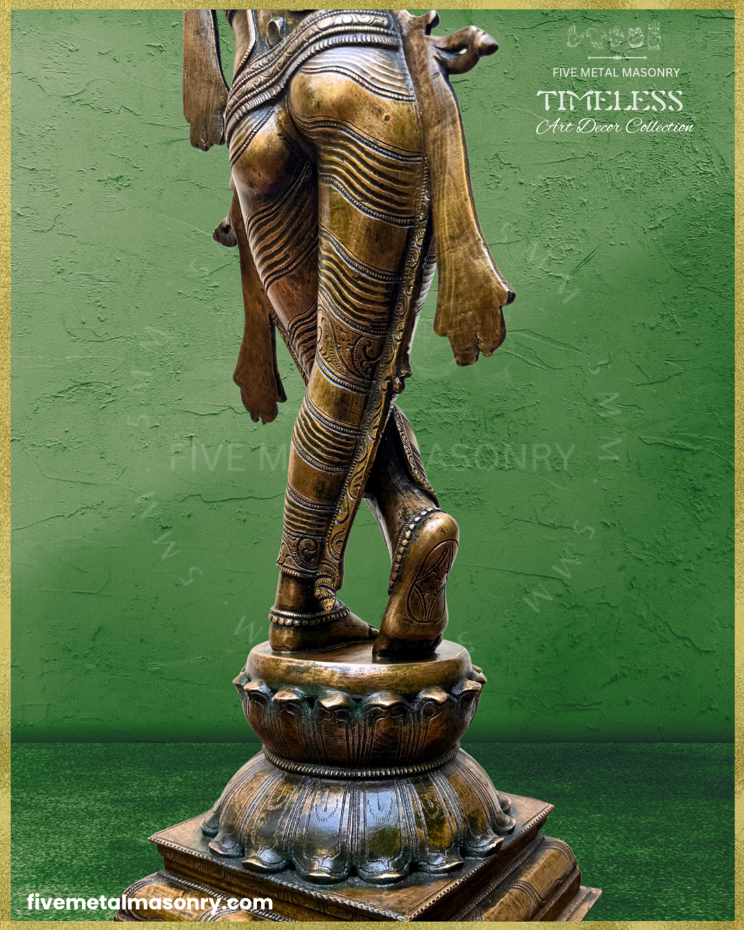 Close-up view of handcrafted Panchaloha bronze Venugopala Krishna from Five Metal Masonry’s Timeless Collection, highlighting the crossed legs in svastikasana, intricately detailed drapery, anklets, raised foot and layered lotus pedestal, crafted with Silpasastra-inspired iconography.