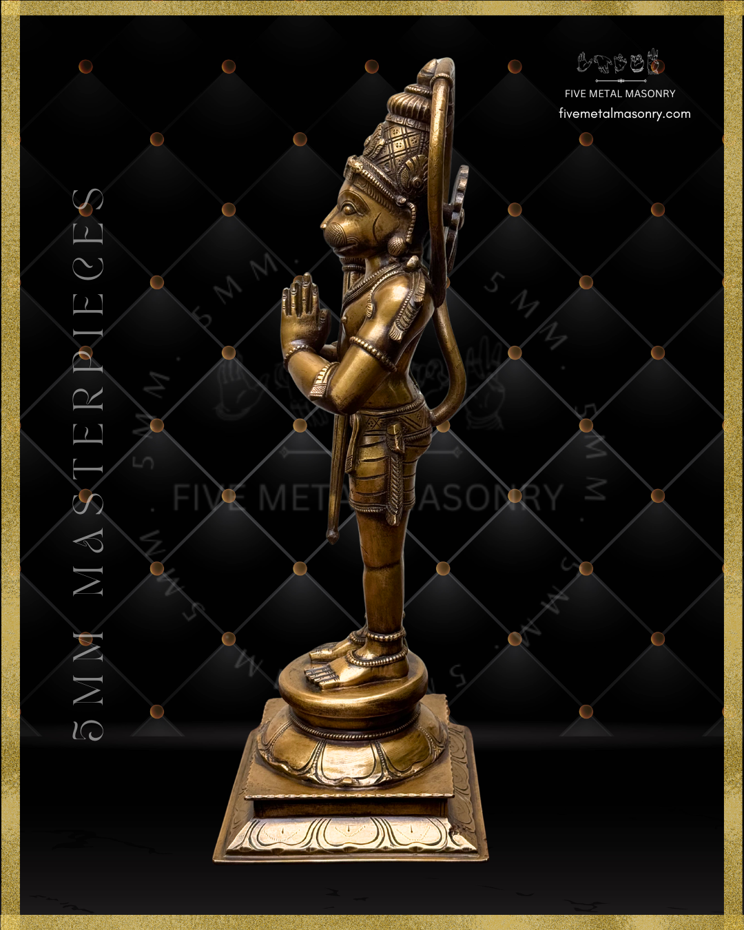 Bronze statue of Hanuman on a black background with 'Five Metal Masonry' branding.