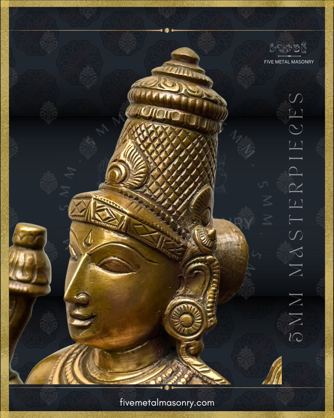 Close-up side view of a handcrafted Panchaloha bronze Lakshmi statue from the Five Metal Masonry Masterpieces collection, crafted according to Shilpasastra principles, highlighting her refined iconography, serene countenance, sharp nose, prominent agra and ratna kundalas, intricately detailed crown and traditional ornaments.