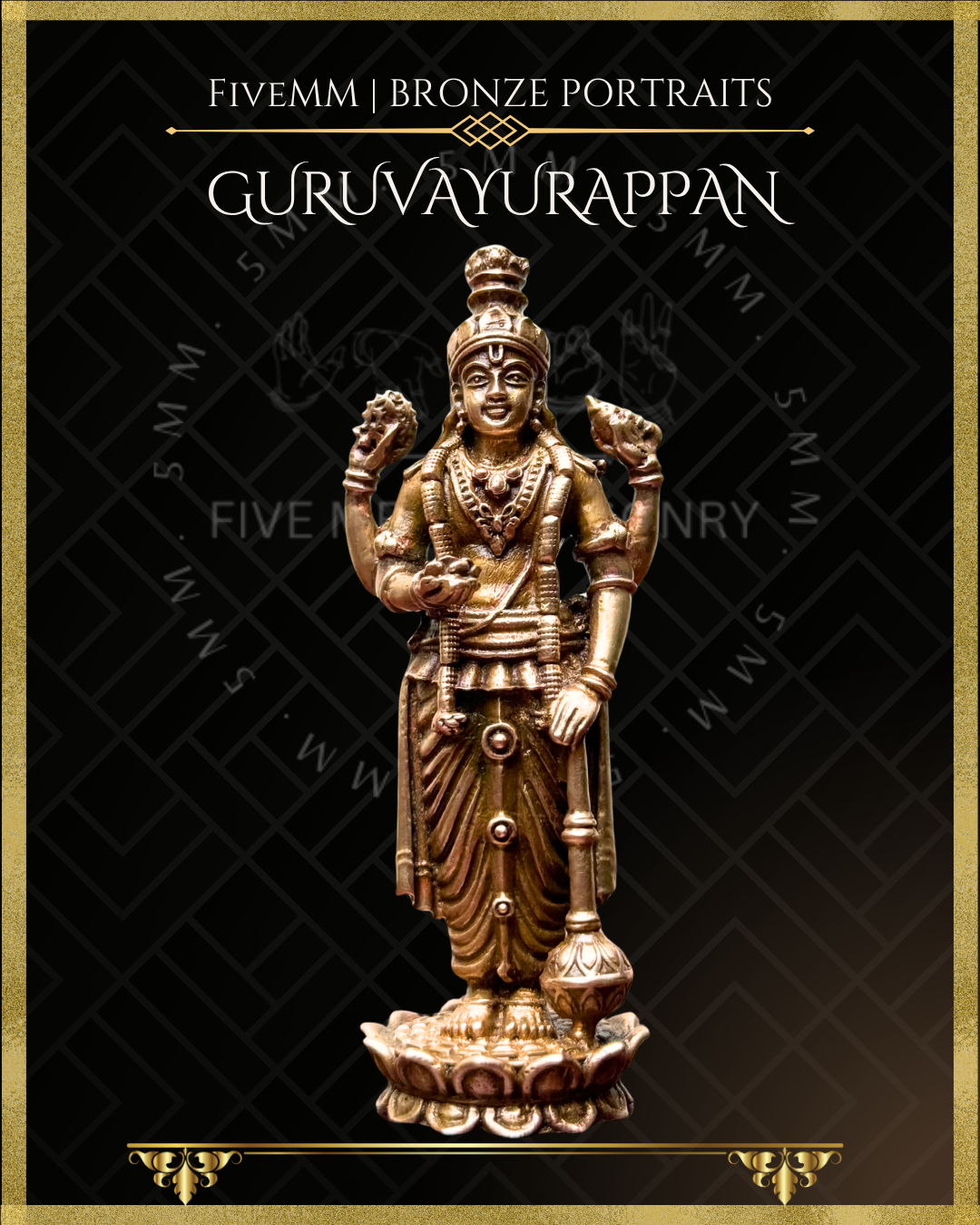 Panchaloha Bronze statue of Guruvayurappan with 'FiveMM' branding on a black background