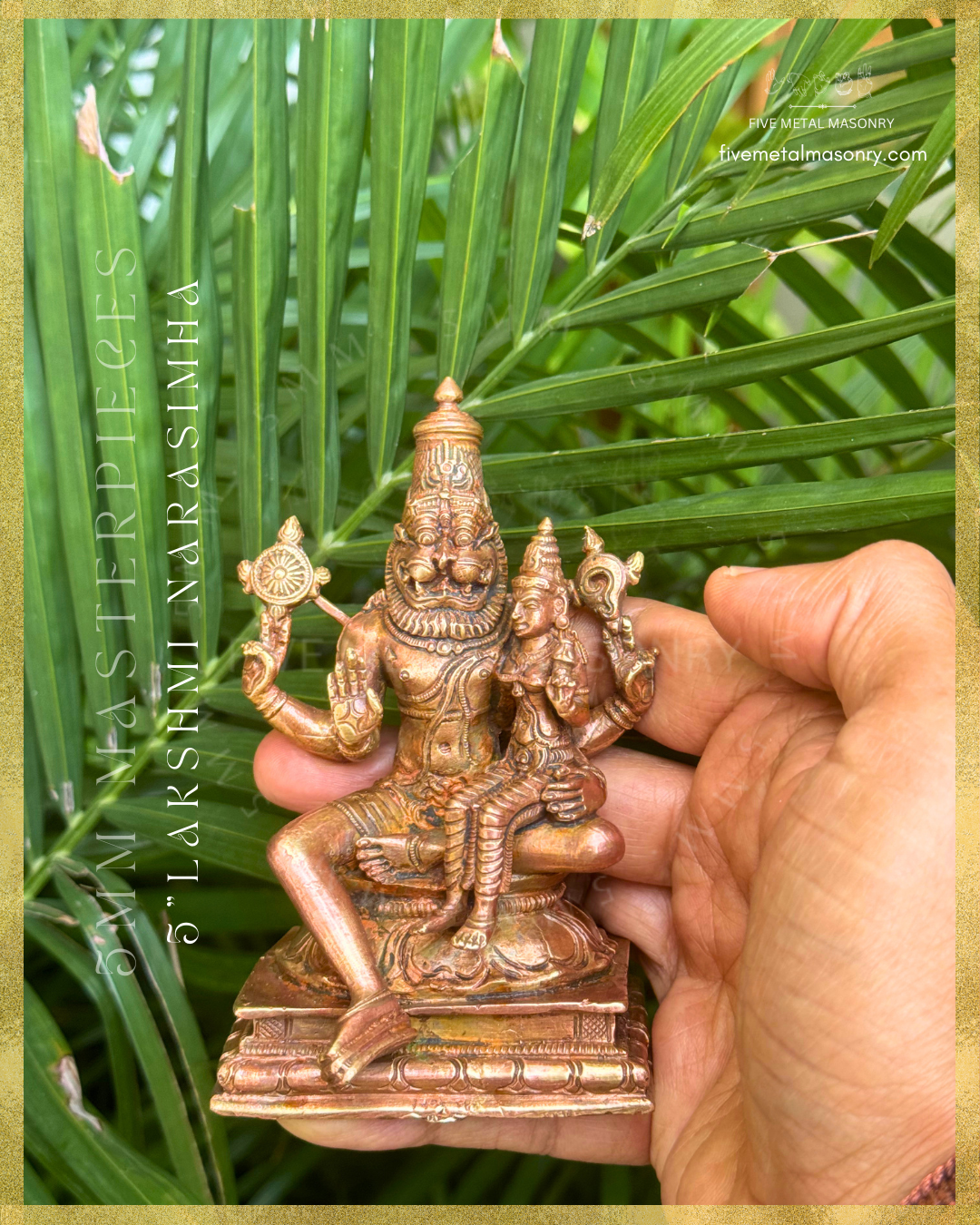 Hand-held view of Handcrafted Lakshmi Narasimha Panchaloha bronze from the Masterpieces Collection, crafted in the silpa-sastra and South Indian iconographic tradition, with four-armed Narasimha holding cakra and sankha, and Lakshmi seated on his left thigh holding a padma.