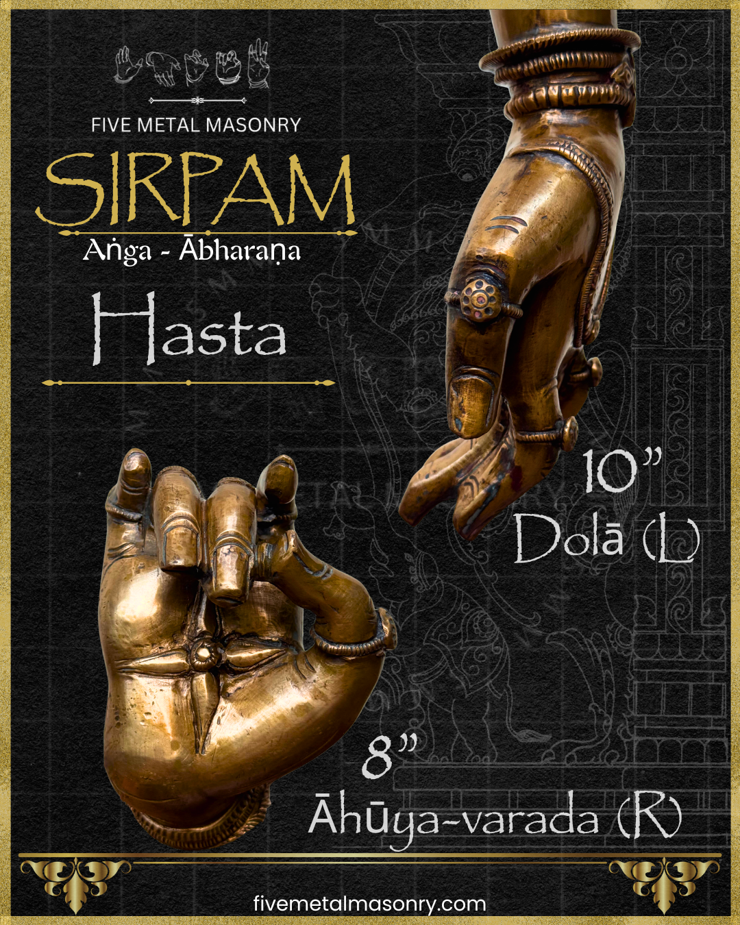 Bronze hands with intricate designs on a dark background, featuring text about Five Metal Masonry Sirpam product.