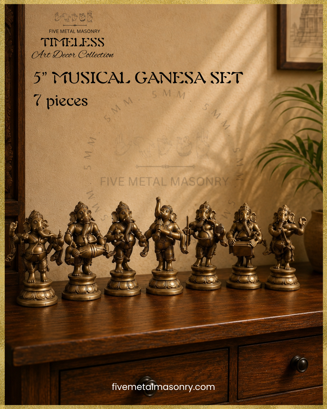 Handcrafted 5 inch Musical Ganesha set of 7 panchaloha bronze statues from the Timeless Collection, featuring Lord Ganesha playing different musical instruments
