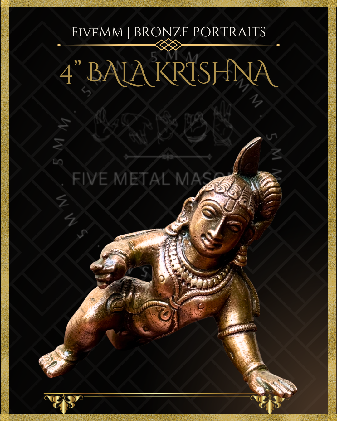 Bala Krishna handcrafted Panchaloha bronze statue in crawling pose, detailed South Indian iconography, traditional ornaments, topknot hairstyle