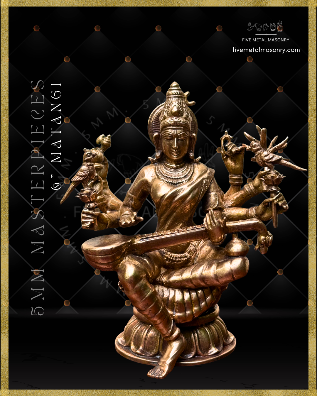 Handcrafted Panchaloha Matangi bronze icon from the Five Metal Masonry Masterpieces Collection, seated with veena and depicted with multiple arms bearing her characteristic attributes, crafted according to traditional Shilpasastra iconography.