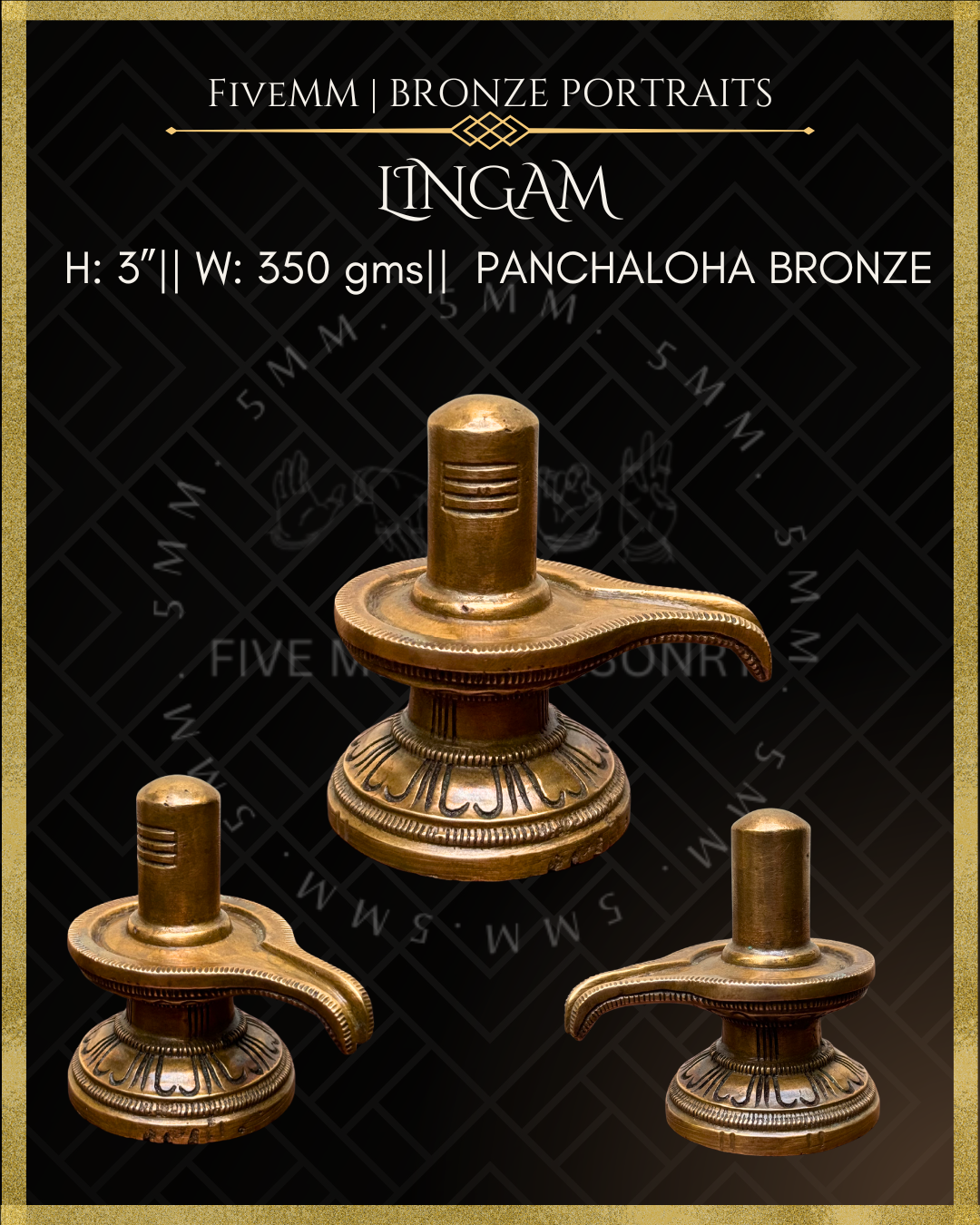 Bronze Lingam sculpture with dimensions and material details on a branded background