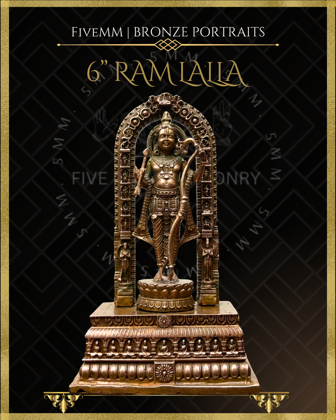 Front view of handcrafted Panchaloha bronze icon of Ram lalla of Ayodhya standing beneath an ornate prabhavali, holding a bow and arrow, adorned with a knotted jata, intricate jewellery, lotus pedestal, and richly detailed adhisthana in the classical Indian iconographic style.