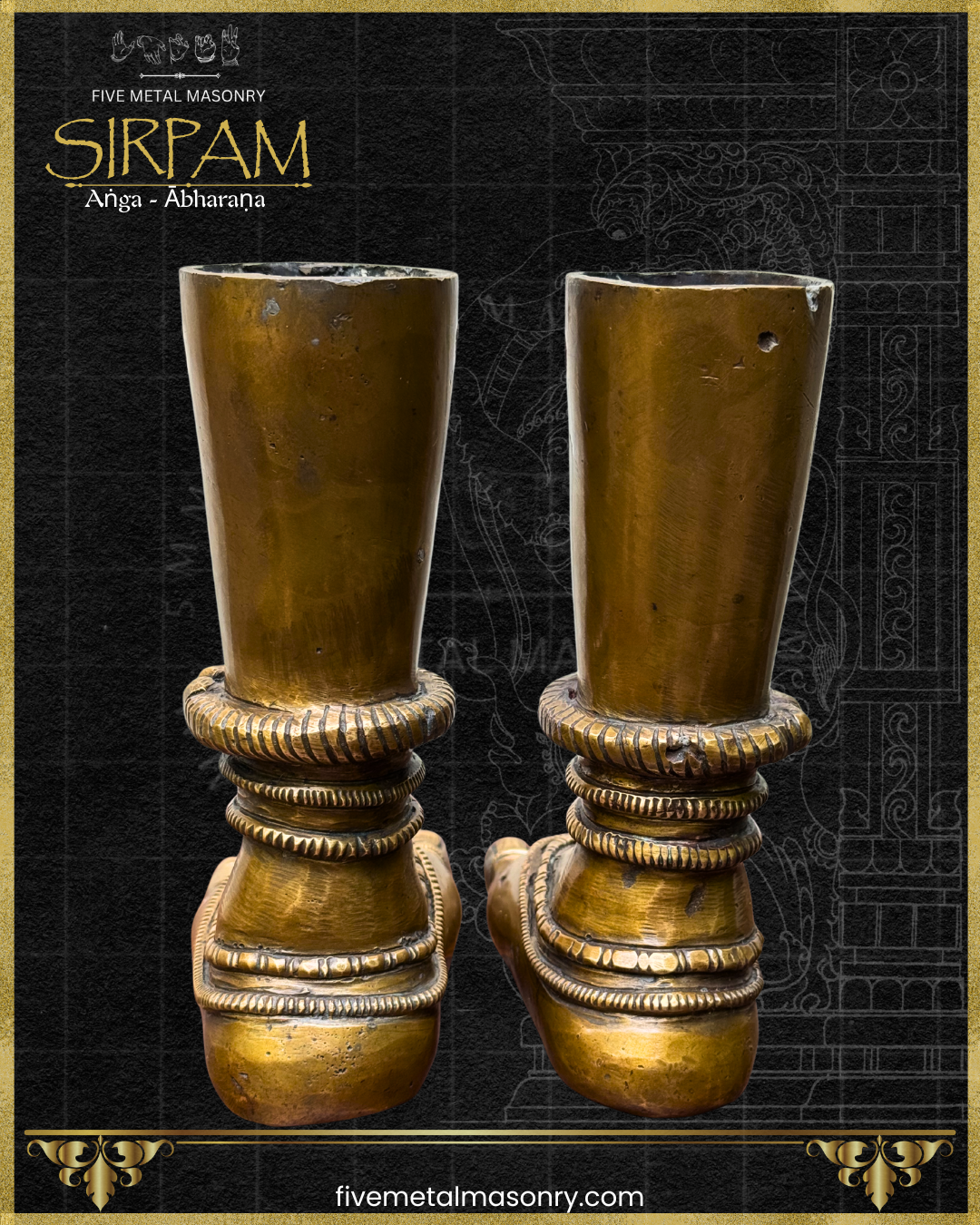 Decorative bronze feet with intricate designs on a black background