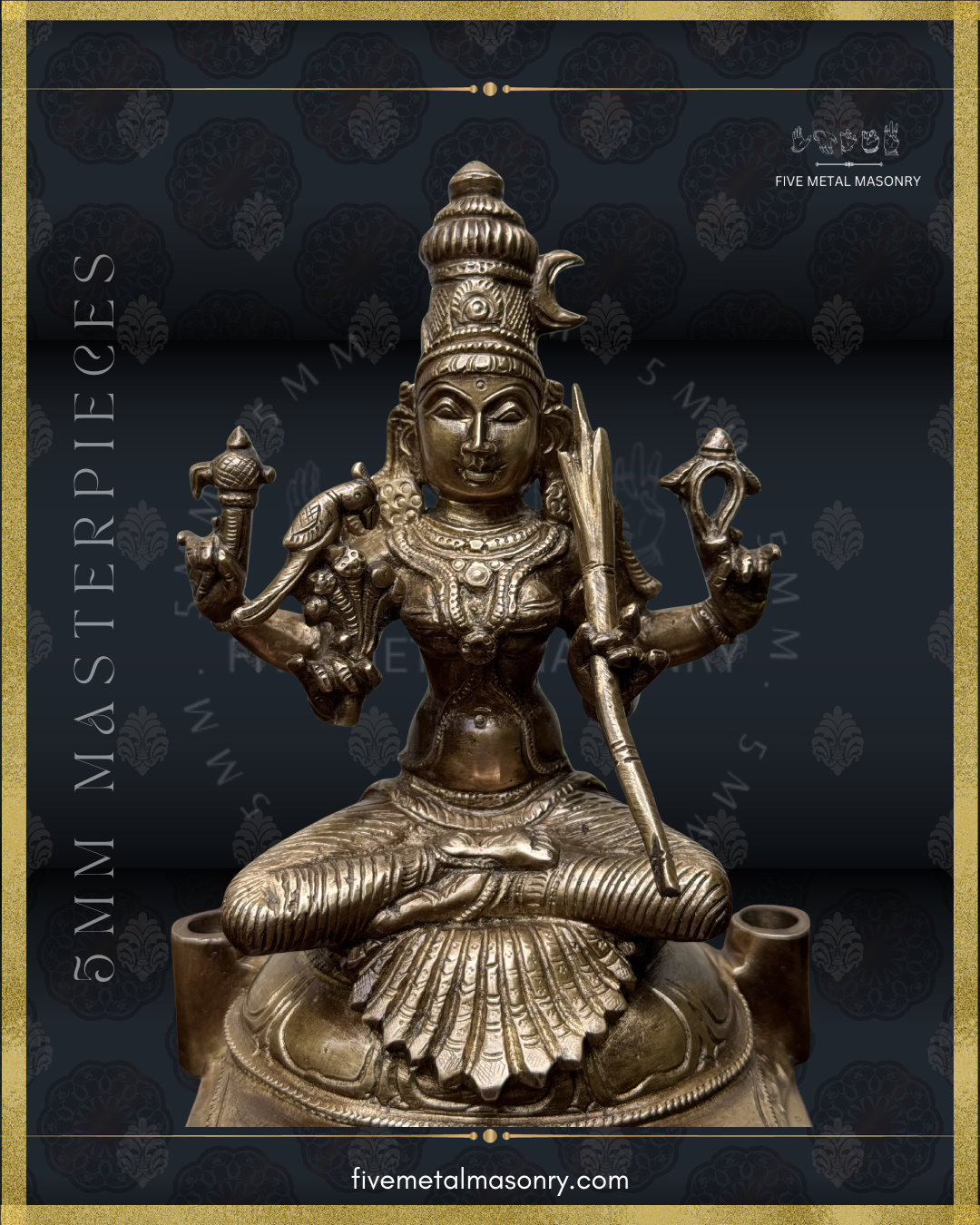 Close-up front view of Panchaloha bronze Kamakshi icon showing four-armed seated form, karanda makuta, facial detailing, ornate jewelry and sugarcane bow from the Masterpieces collection by Five Metal Masonry.