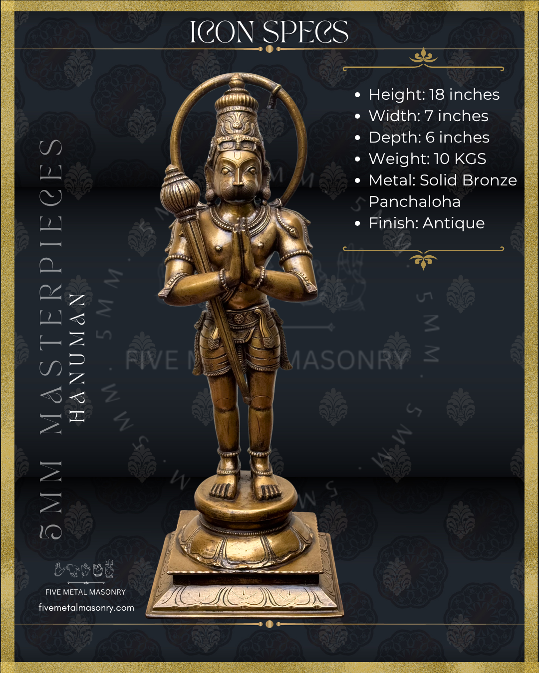 Bronze statue of Hanuman with specifications on a dark background