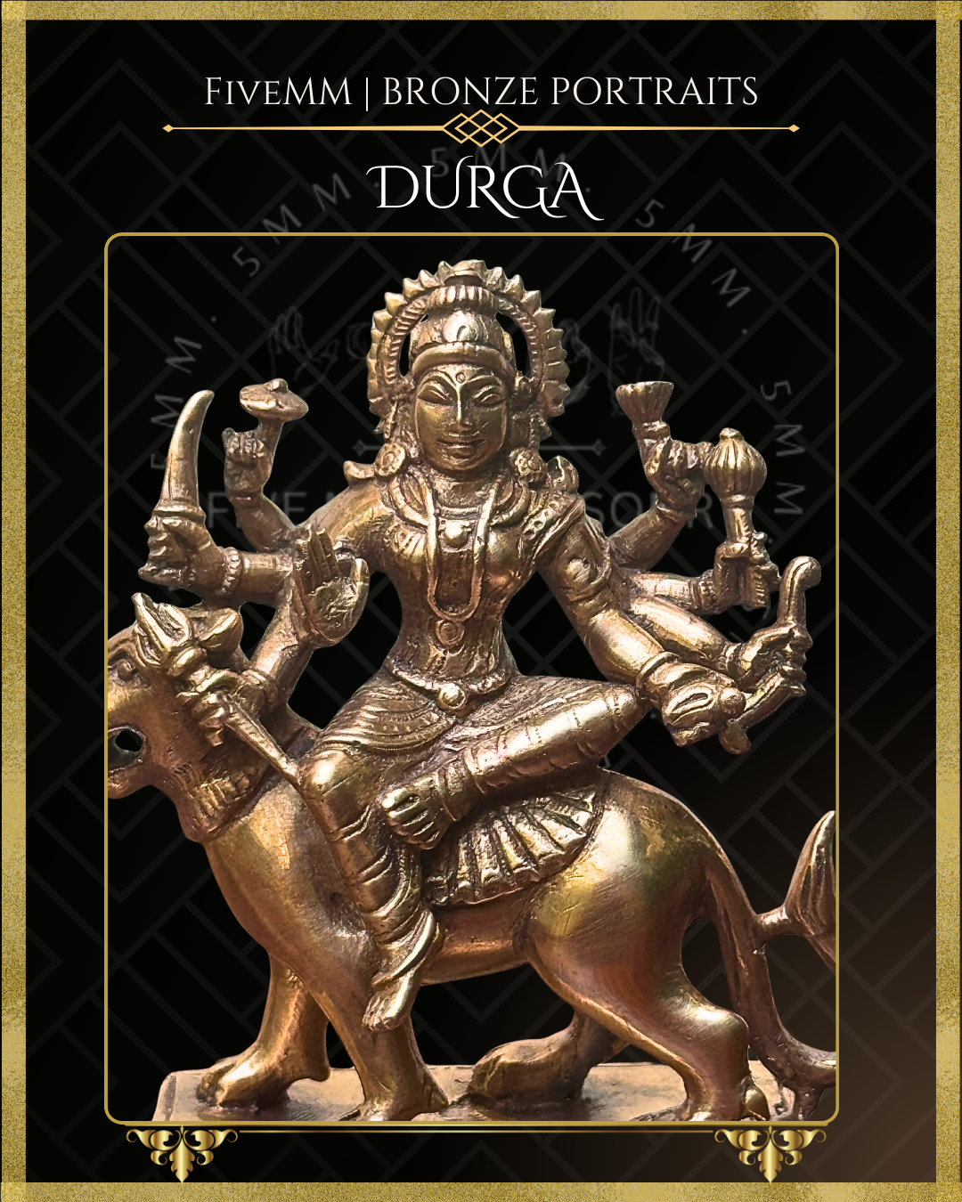 Close-up of handcrafted Durga Panchaloha bronze seated in lalitasana on her simha vahana, showing her eight-armed form with cakra, khadga, sula, padma, gada, dhanus and sankha, with the lower right in abhaya, crafted in the South Indian silpa-sastra and traditional iconographic tradition.
