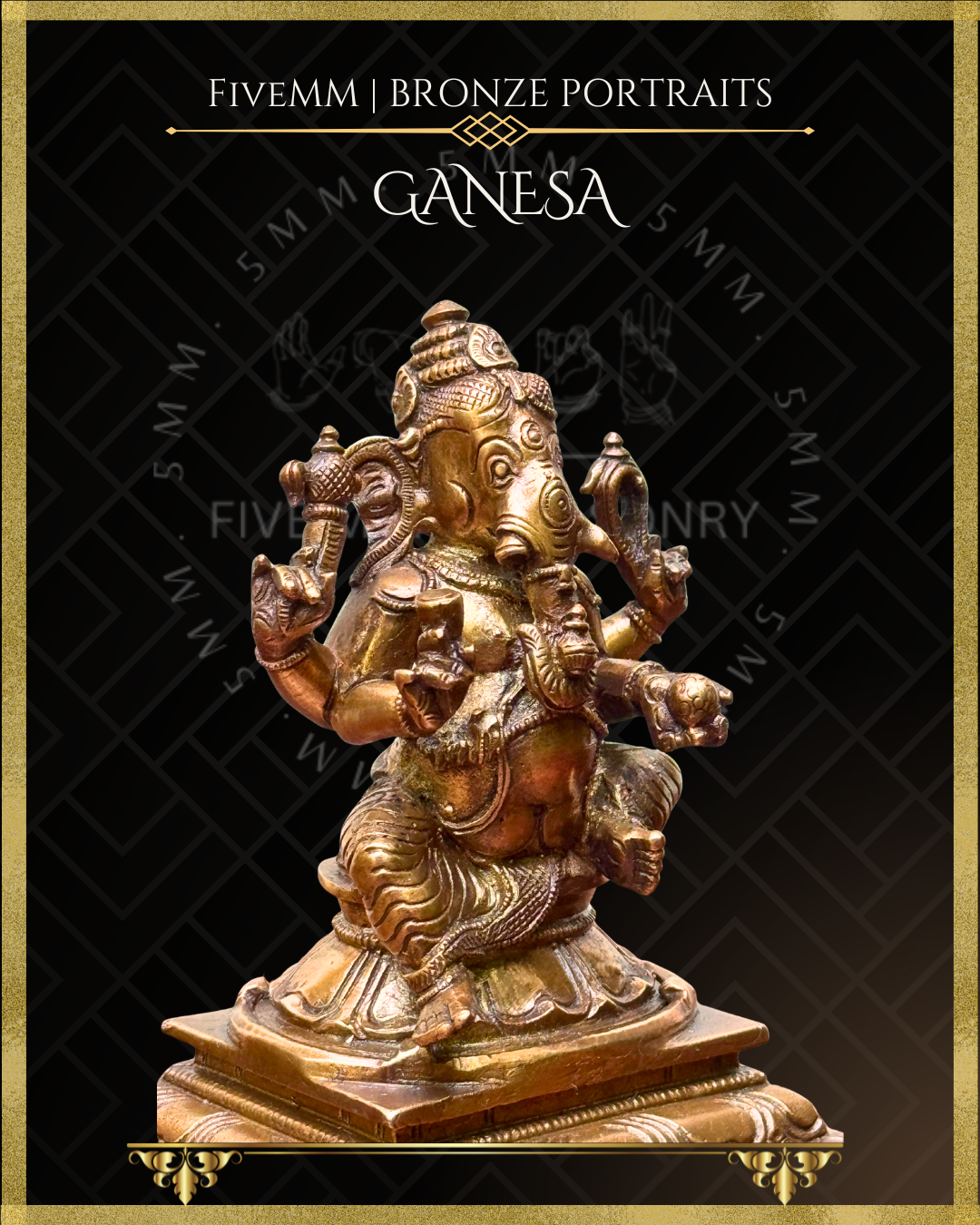 Side close up view of Handcrafted Ganesha in Panchaloha bronze, silpa-sastra aligned and rooted in the South Indian iconographic tradition, four-armed and seated in lalitasana, holding ankusa, pasa, danta and modaka with detailed crown, ornaments and draped lower garment.