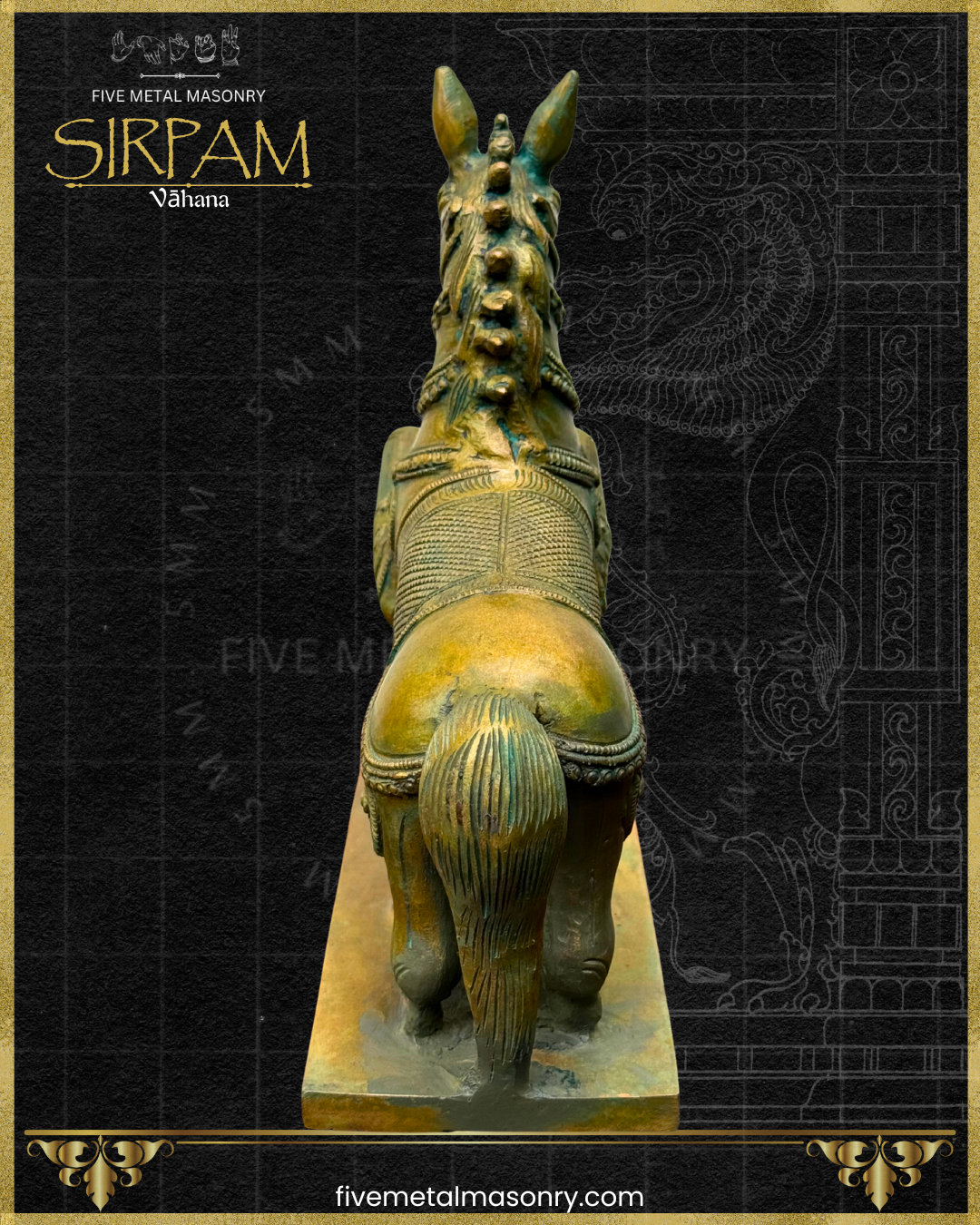 Bronze statue of a horse with intricate detailing on a black background, featuring the brand 'Five Metal Masonry'.
