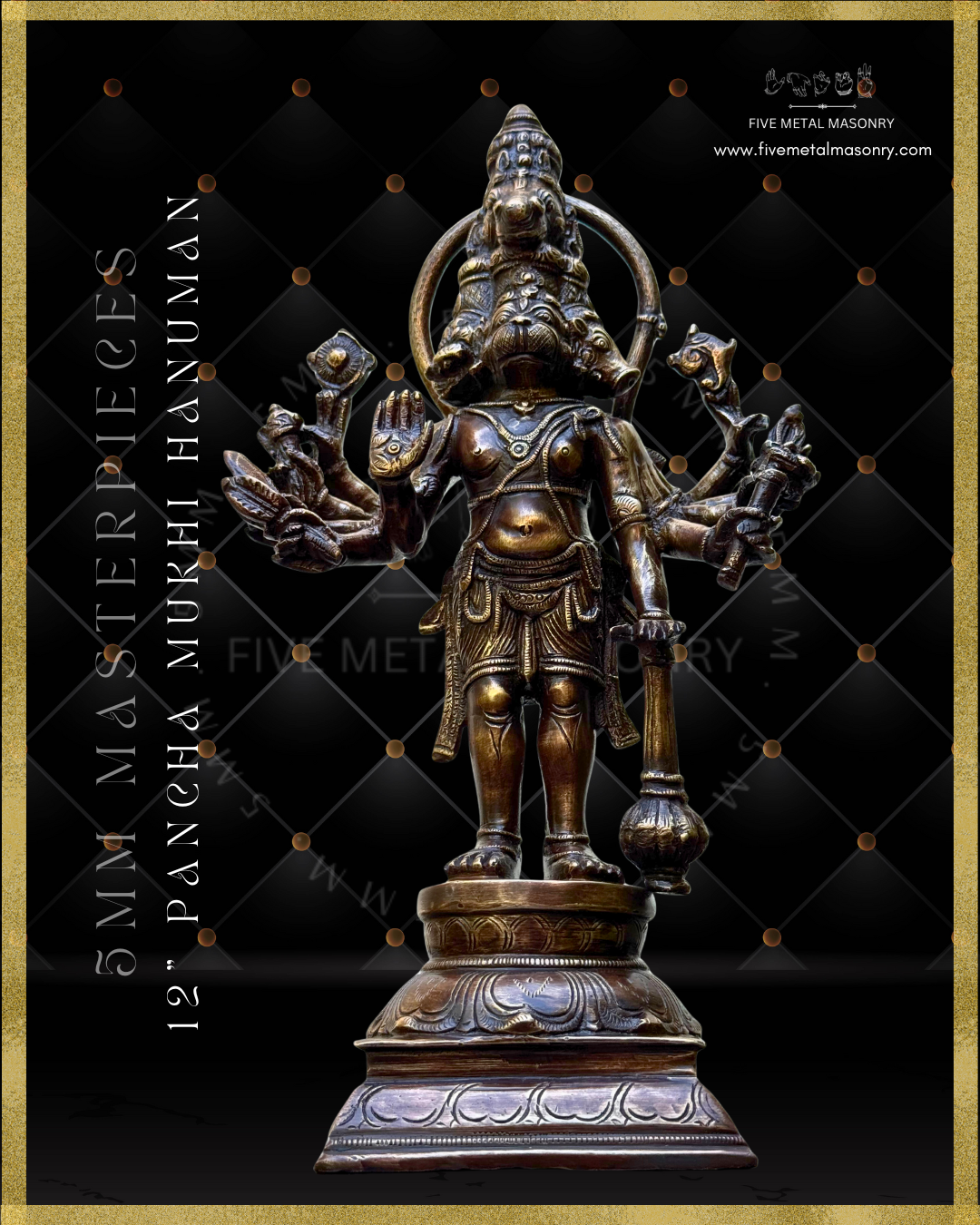 Panch Mukhi Hanuman Panchaloha Bronze statue -  Masterpieces Collection - Iconography per Shilpa Sastra, handcrafted lost wax casting – Bottom up angle view
