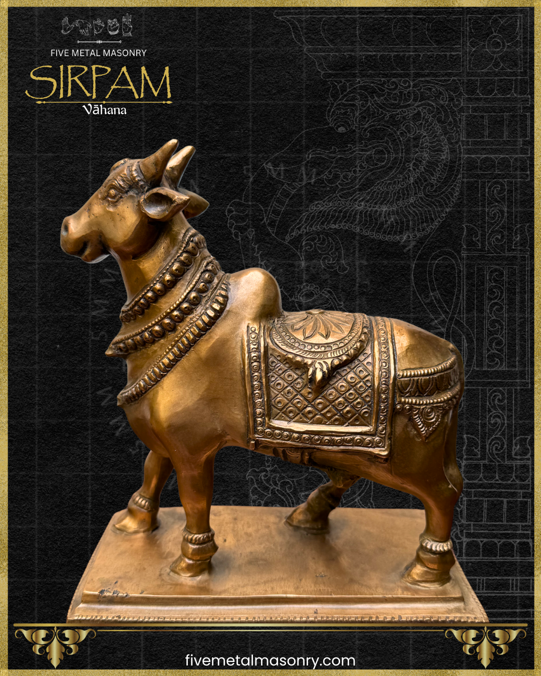 Left side view of a handcrafted panchaloha bronze Vrsabha (Nandi) statue from the Sirpam Collection, showcasing its graceful stance, expressive head, layered neck ornaments, intricately patterned ceremonial saddle cloth, and rectangular pedestal in the South Indian sculptural tradition.