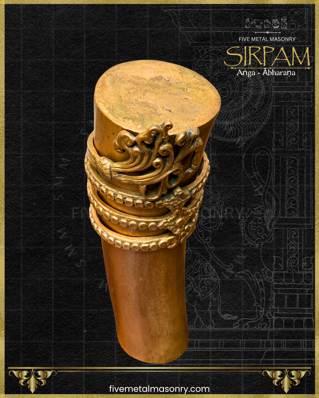 Top angle view of Handcrafted panchaloha bronze sculpture of the Bahu (arm) with ornate Angada armlet and Bahu Valaya arm bangles from the Sirpam Anga Abharana collection by Five Metal Masonry.