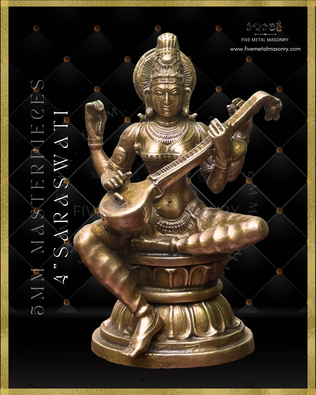 Panchaloha bronze seated Saraswati icon from the Masterpieces collection, four armed and holding the veena across the torso in the lower hands, with upper hands holding aksamala and kamandalu, featuring jata makuta, siraschakra, layered ornamentation and lotus pedestal in South Indian iconographic style.