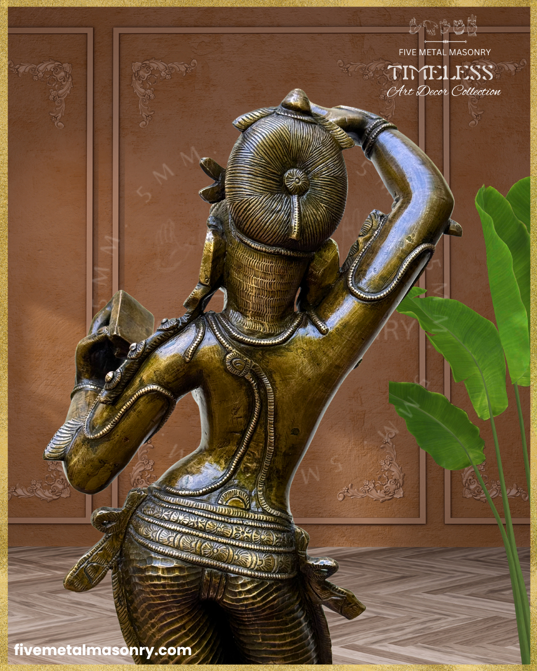 Close-up rear view of a handcrafted Panchaloha bronze Darpana Sundari icon from the Timeless Collection, highlighting the intricately modelled coiffure, graceful back, ornate armlets, decorative waist belt, pleated lower garment, and rich antique patina.
