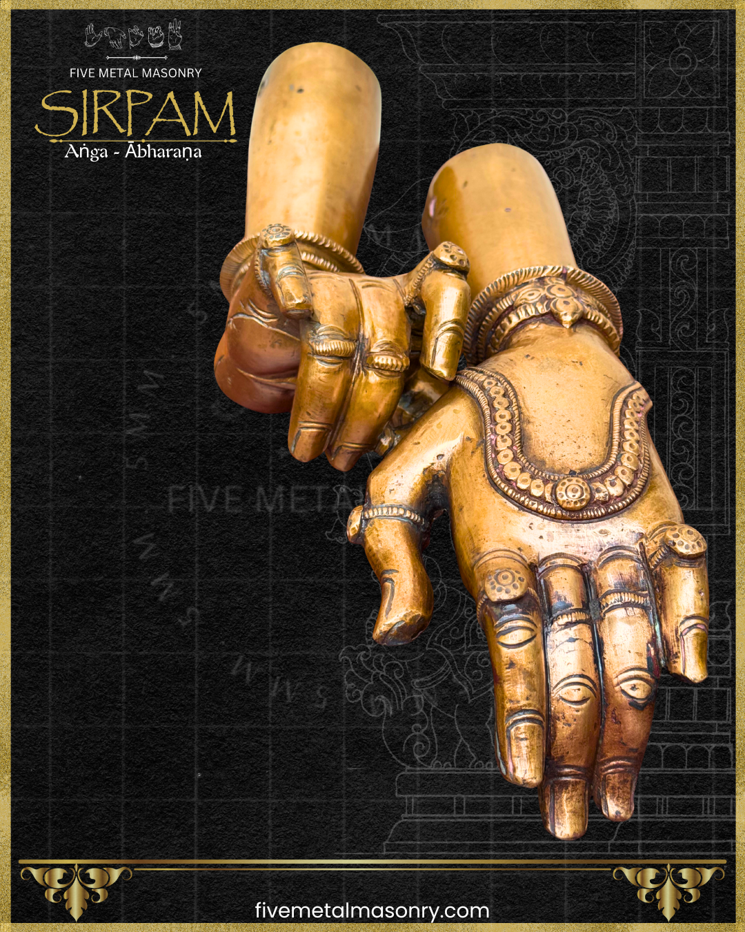 Decorative bronze hand sculptures with intricate jewellery details on a black background, from Five Metal Masonry’s Sirpam collection