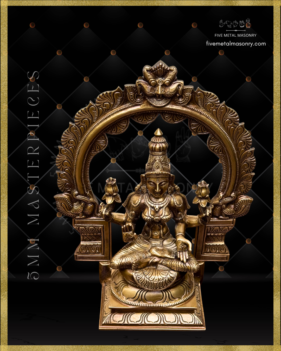 Lakshmi panchaloha bronze statue with intricate designs and exquisite workmanship on a black background with Five Metal Masonry branding