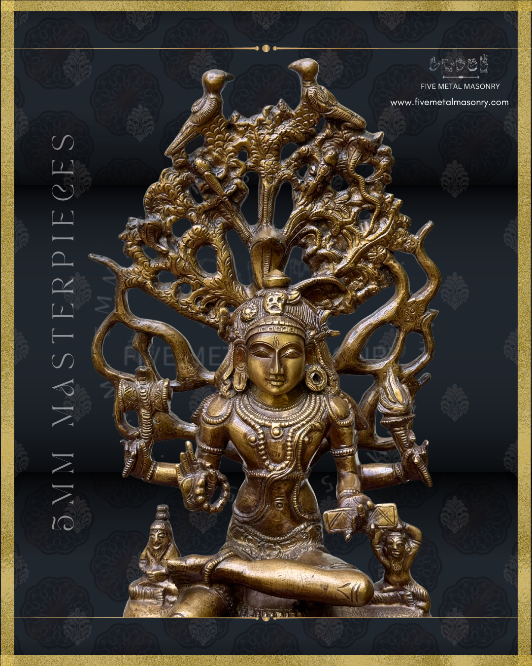 Close up view of Handcrafted Panchaloha bronze Dakshinamurti statue, crafted according to Shilpasastra principles, showcasing traditional South Indian iconography of Shiva as the divine teacher, holding the damaru, agni, akshamala and pustaka, beneath the sacred banyan tree.