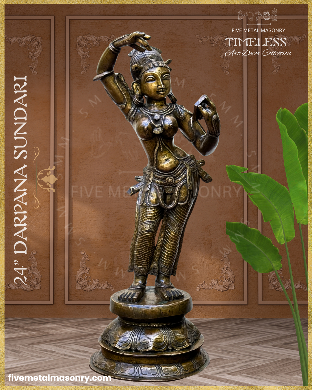 Handcrafted Panchaloha bronze icon of Darpana Sundari from the Timeless Collection, depicted in graceful tribhanga holding a mirror, adorned with elaborate jewellery, ornate lower garment, and antique patina on a lotus pedestal.