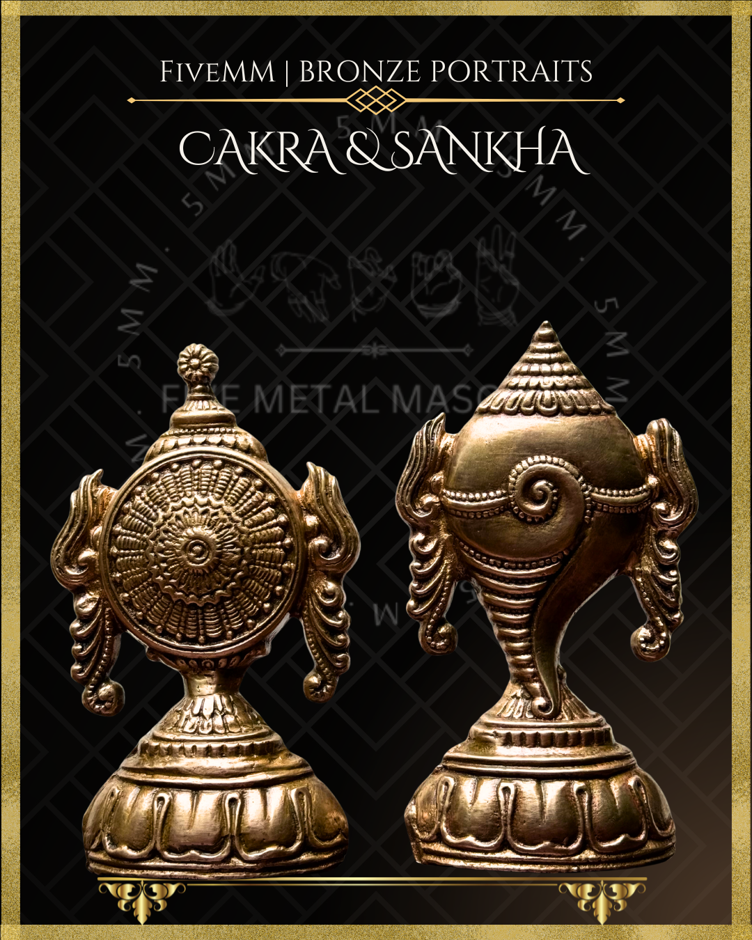 Bronze Panchaloha 3D relief sculptures of Chakra and Sankha on black background