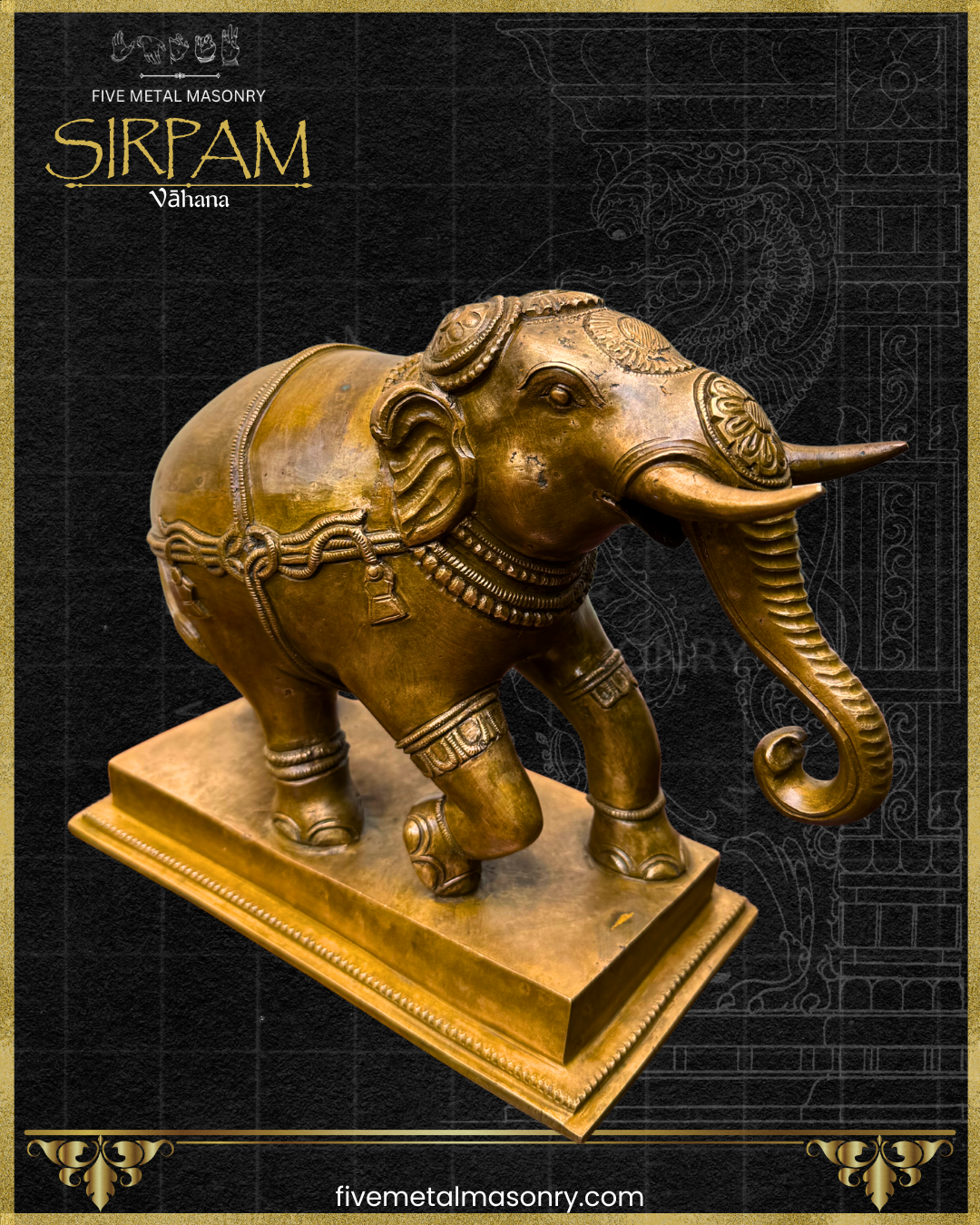 Bronze elephant statue on a dark background with 'Five Metal Masonry' branding.