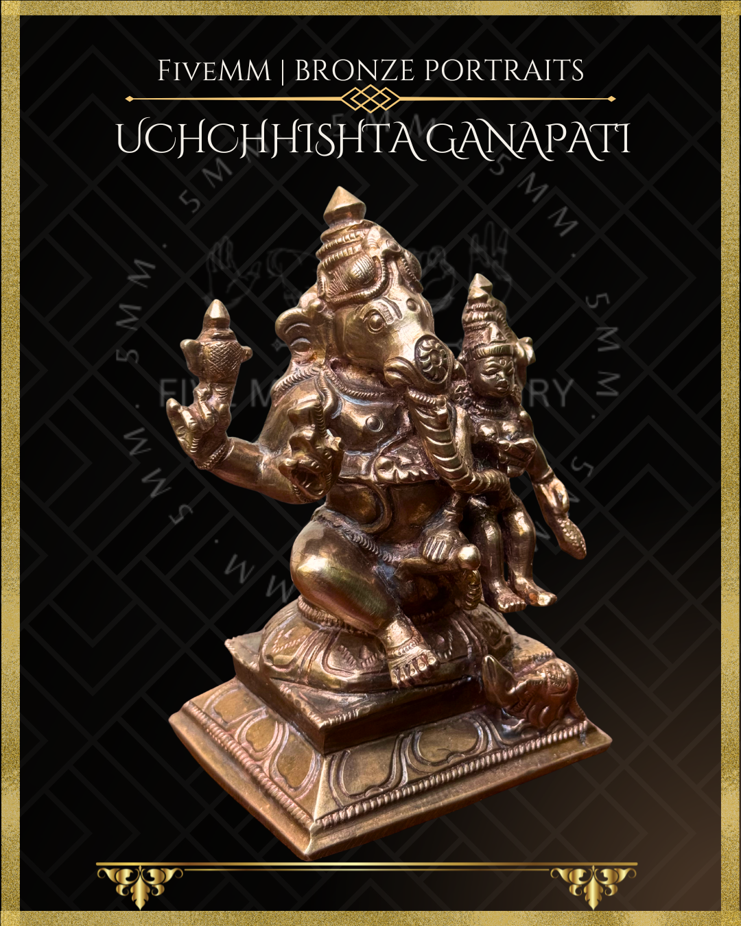 Right profile view of Handcrafted Panchaloha bronze Uchchhishta Ganapati, silpa-sastra aligned and rooted in the South Indian iconographic tradition, depicted seated with Devi on his lap, multiple arms bearing attributes, detailed ornaments and musika vahana at the pedestal.