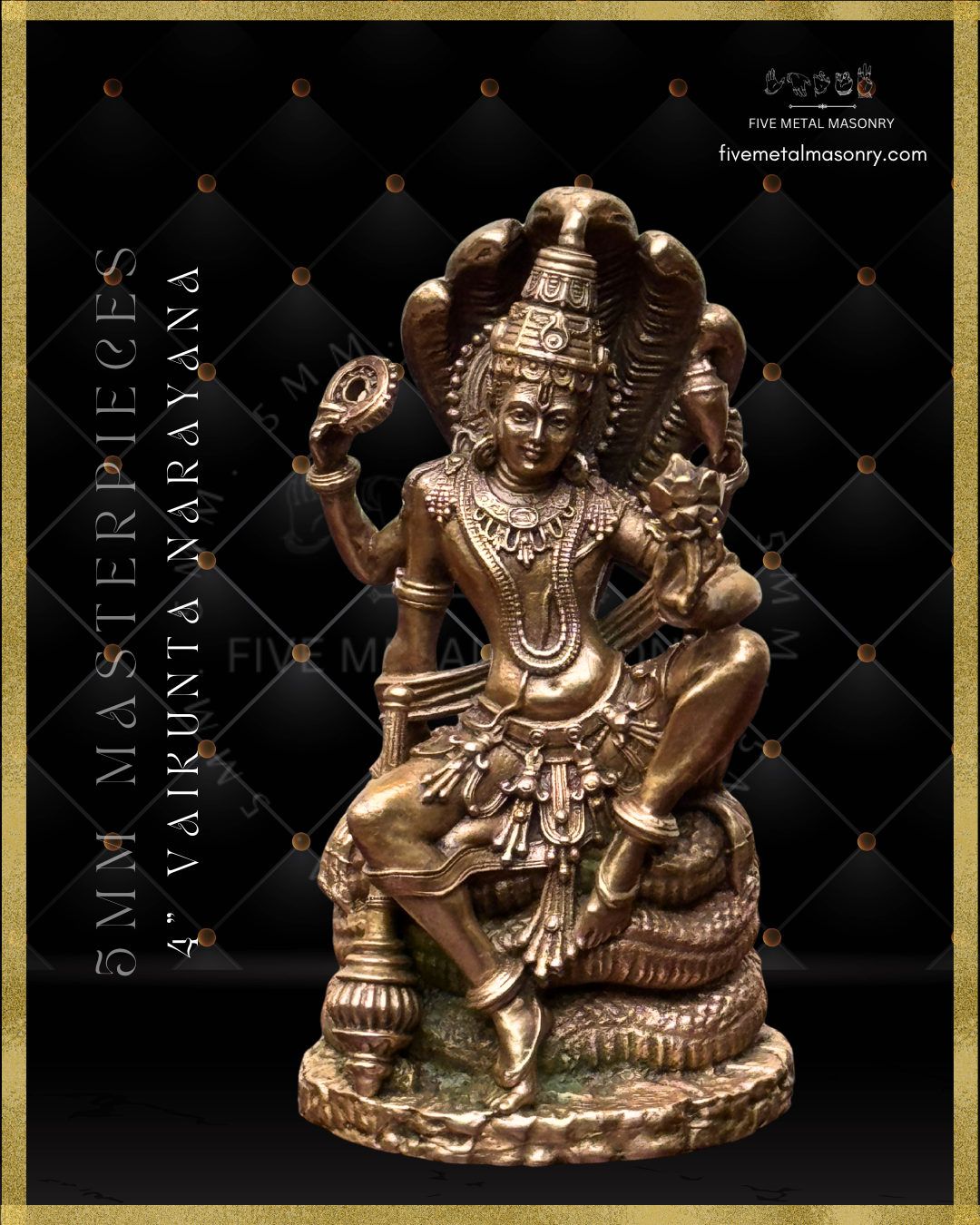 Vaikunta Narayana panchaloha bronze icon seated on Adisesha with multi-hooded serpent canopy, four-armed Vishnu with shankha and chakra, Masterpieces collection