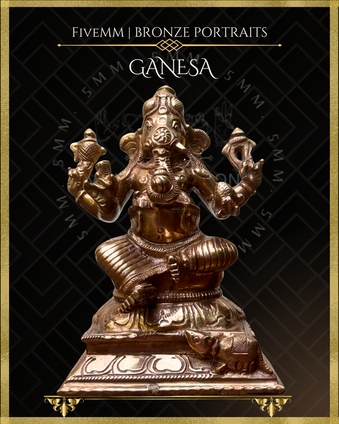 Low angle view of handcrafted Panchaloha bronze Ganesha, silpa-sastra aligned and rooted in the South Indian iconographic tradition, four-armed and seated in lalitasana, holding ankusa, pasa, danta and modaka, with musika at the pedestal.